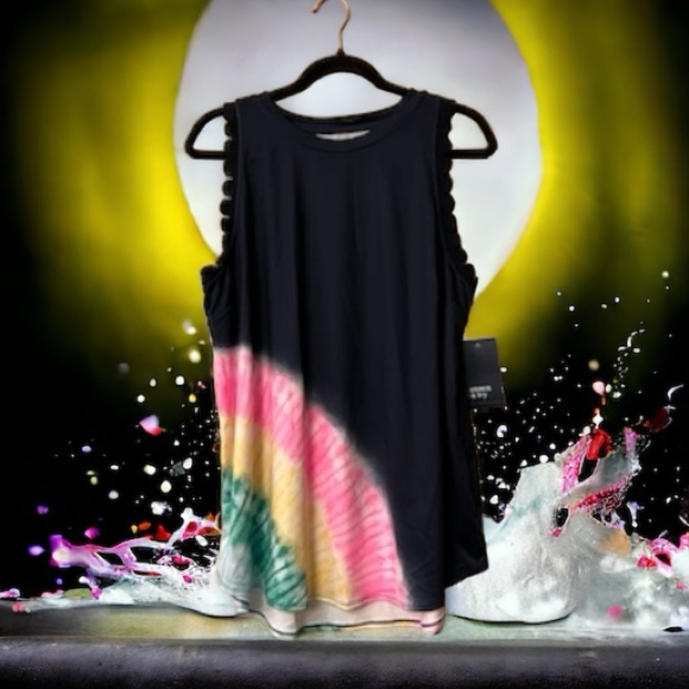 NWT Crown & Ivy Navy Sleeveless Athletic Tank w/Pink/Yellow/Green Tie Dye Arc - Picture 15 of 15